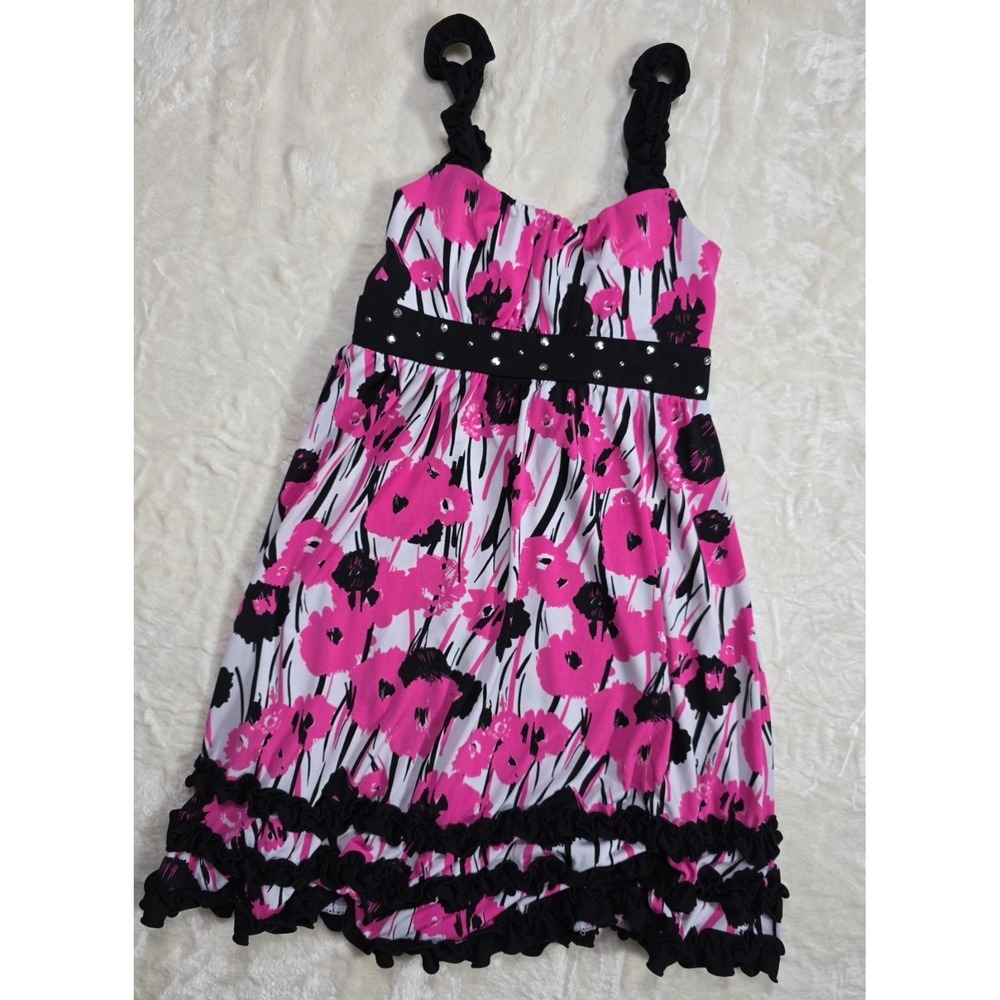 Y2K Justice Pink Black Floral Party Dress Ruffle Rhinestone Girls Size 6